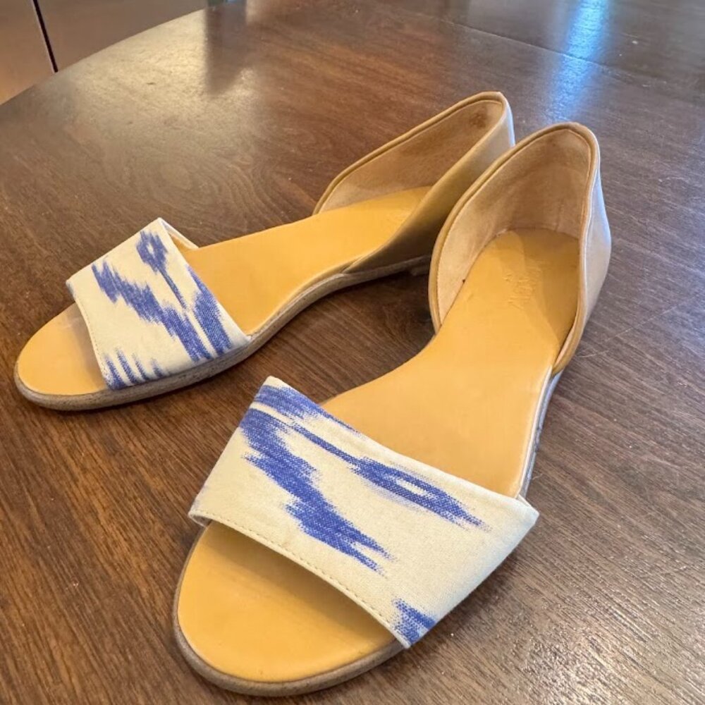 J Crew Womens Size 6 Morgan Peep Toe Flats Ikat Blue White